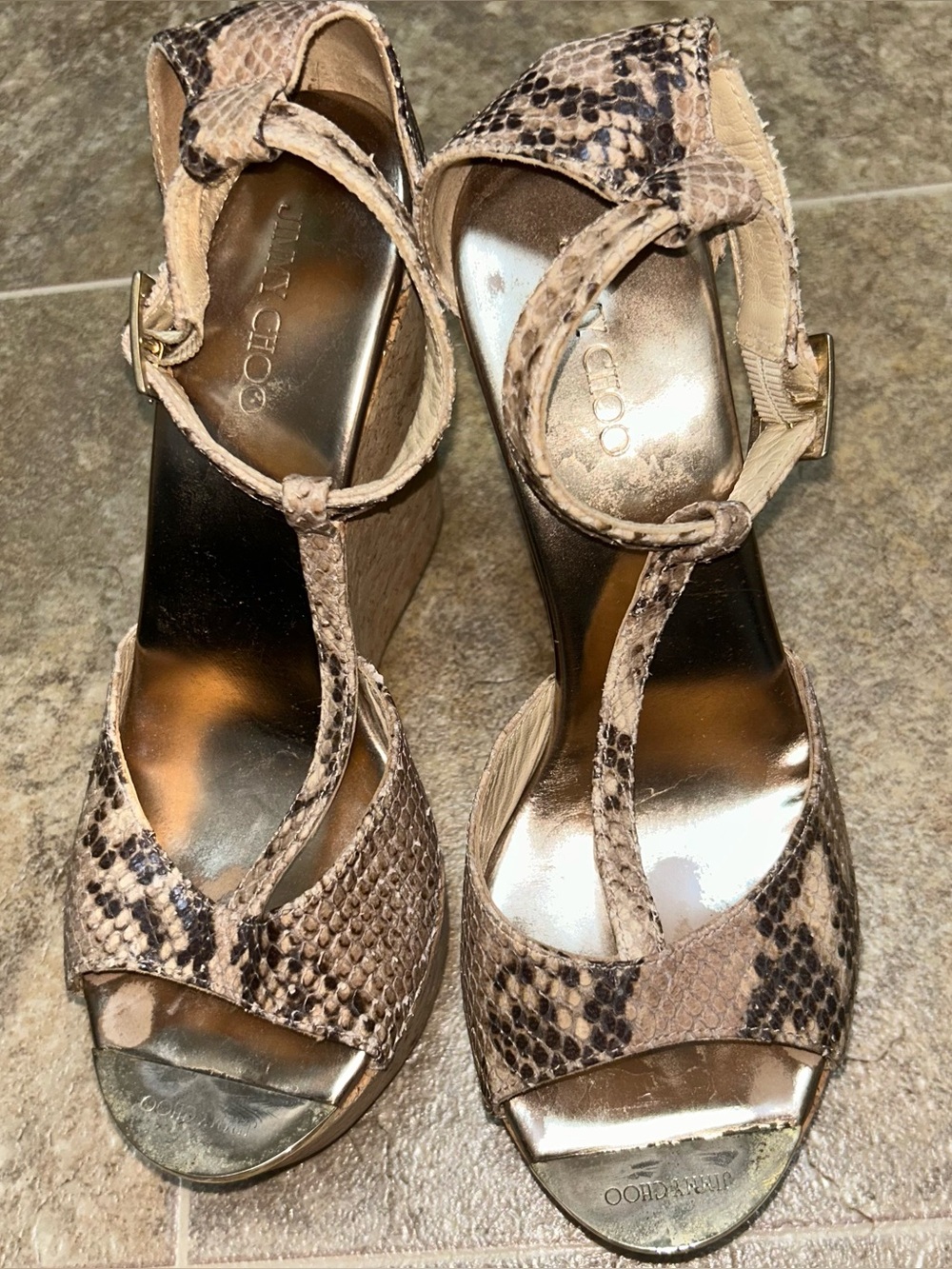 Jimmy Choo Beige and Black Snake-Print T-Strap Wedge Sandals